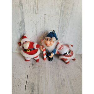 Vintage flocked Santa Claus elf ornament Xmas set unique